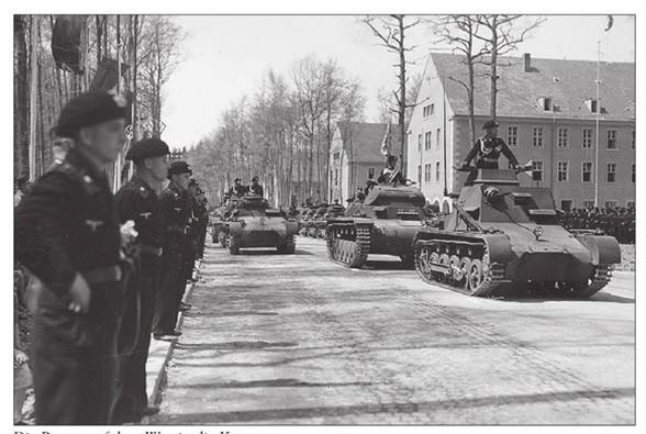 Tanks of PR 7 entering the new facilities; In the foreground a Panzerbefehlswagen I followed by a Pz Kw II ......................................