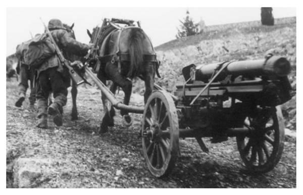A team of horses dragging a light gun on a mountain path, part of a series of propaganda photos about the training of the SS-Karstwehr hunters.......................................