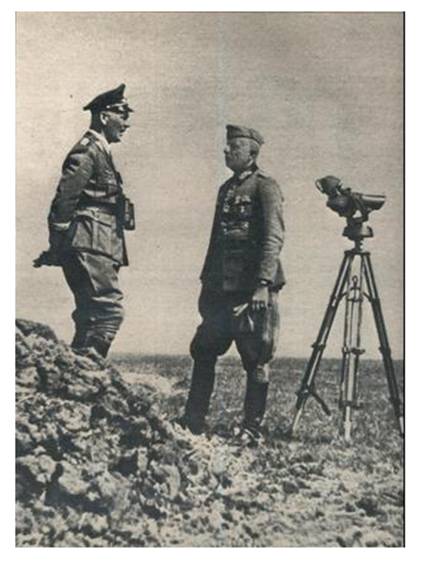 General Erich von Manstein (right) talking with General Wolfram Freiherr von Richthofen (Commander of the VIII Fliegerkorps); in the photo a binocular Flakfernrohr 10x80 located on tripod ...........................