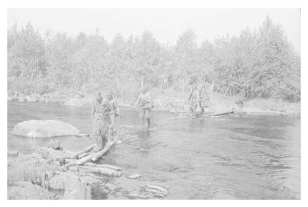 Finnish soldiers overcoming a stream on a log bridge ........................<br />https://www.sotasampo.fi/fi/photographs/page/sakuva_53991