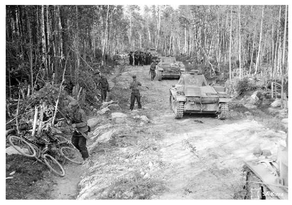 Column of the 3. / Pz. Abt. 40 on the way through the forest ..........