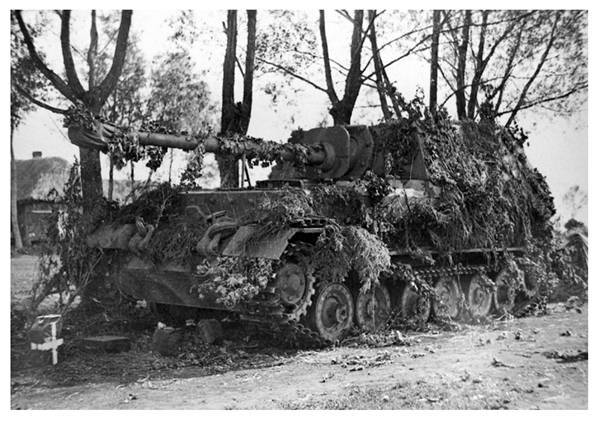 The crew of this Ferdinand of the sPzJgAbt 654 has camouflaged its vehicle by covering it with foliage................................