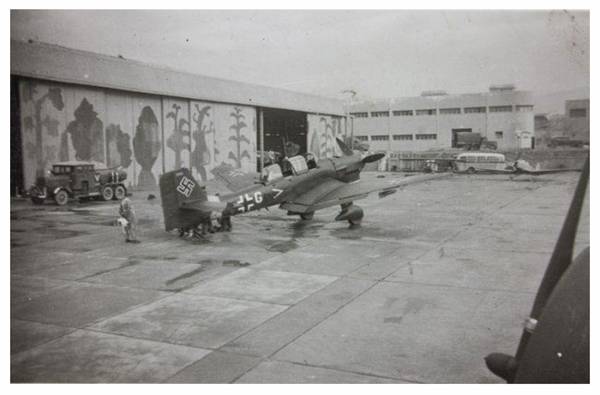 In spite of the Junkers Ju-87 &quot;Stuka&quot; in the foreground and the tanker truck in the background, what is striking is the ecological decoration of the hangar wall or not?................