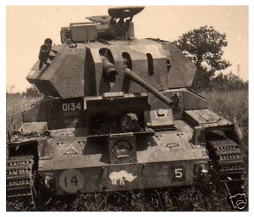 A British A13 Mk II tank of the 1st Armored Division (White Rhino Emblem) disabled in action.........