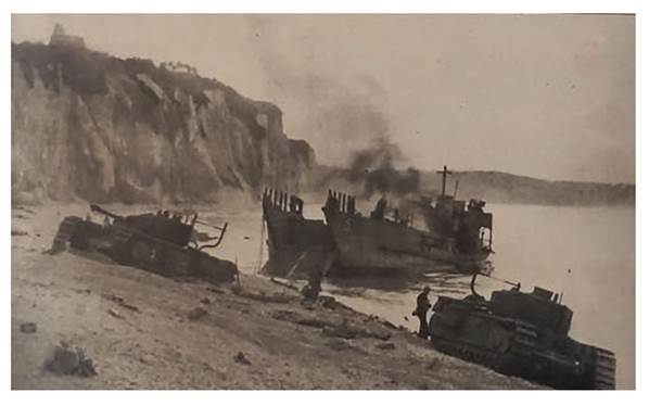 The remnants of the disaster, in the foreground the Churchill tanks &quot;Bloody&quot; (right) and &quot;Blossom&quot;........
