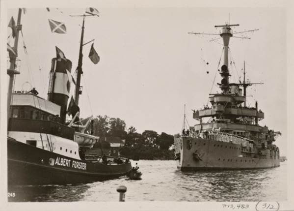 The Schleswig-Holstein brought to the city's harbor by the offshore tugs &quot;Albert Forster&quot; and &quot;Danzig&quot;......