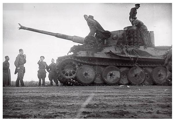 Soviet troops checking a disabled Pz Kw VI Tigre I (quite intact)...................
