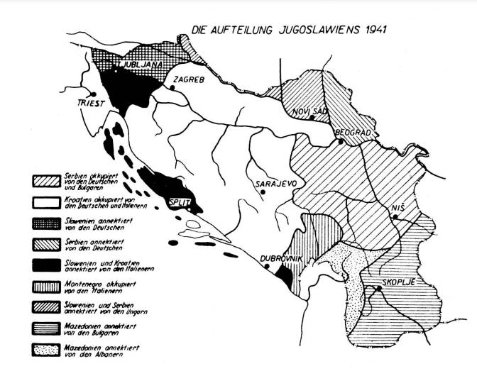 Partition of Yugoslavia - June 1941...................<br />From above: Serbia occupied by Germans and Bulgarians; Croatia occupied by Germans and Italians; Slovenia annexed by the Germans; Serbia annexed by the Germans; Slovenia and Croatia annexed by the Italians; Montenegro occupied by the Italians; Slovenia and Serbia annexed by the Hungarians; Macedonia annexed by the Bulgarians; Macedonia annexed by the Albanians.