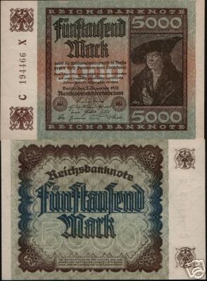 1922 Merchant Prinz 5000 mark note -  features the portrait of the Merchant Imhof by Albrecht Durer.JPG