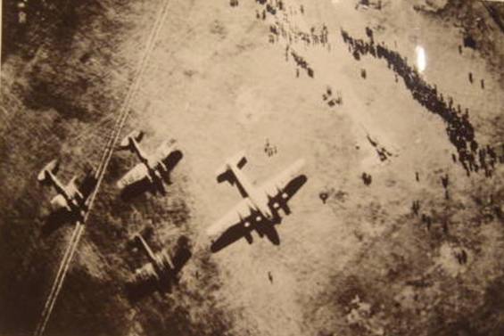 Aerial view; the &quot;Grenzmark&quot; and three He-111 of KG-1.