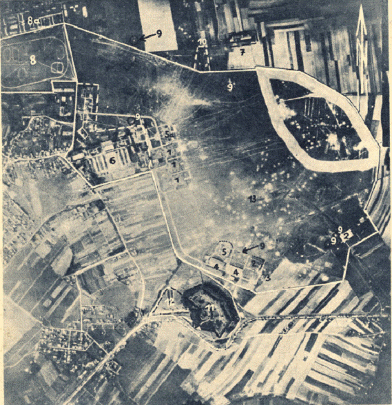 Bombing of a Polish airfield: 13 - taxiway, 1 and 5 - hangars , 5 a - control tower, 11 - ancient fort.
