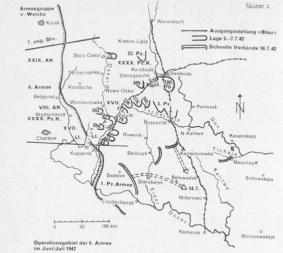Area of operations of the 62 ID - June / July 1942.<br /> Im Wendung Entscheidende Ostfeldzug. H. Selle, Armeepionierführer der 6. Armee 1942/43.