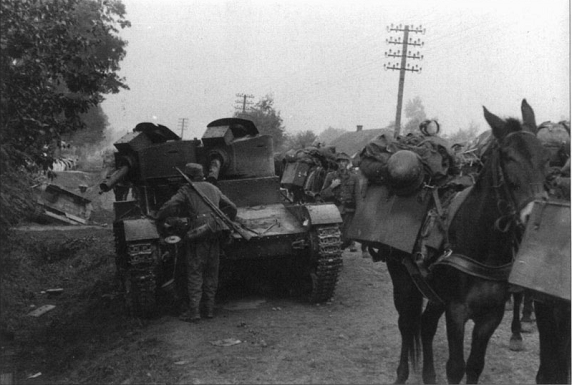 A column of Gebirgsjäger passed beside a disabled Polish light tank.................
