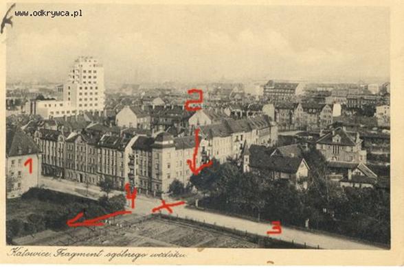 View of the city of Katowice shortly before the invasion<br />1. Police Building. 2. Stalmacha Street. 3. Kilinski Street. 4. Towards Mikolow Street. X. Supposedly here  German machine guns were stationed.
