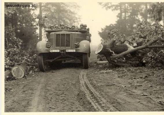 A prime mover dodging an obstacle made ​​with fallen trees ..........