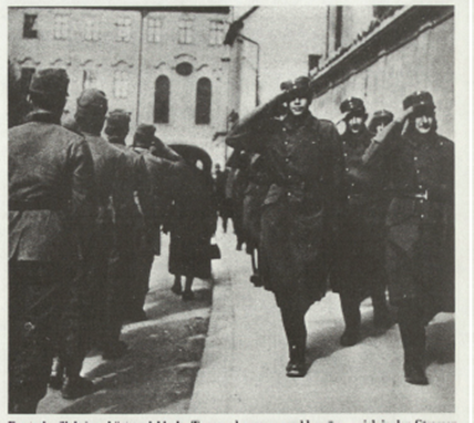 German (left) and Austrian troops greets each other militarily in the streets of Innsbruck .....................