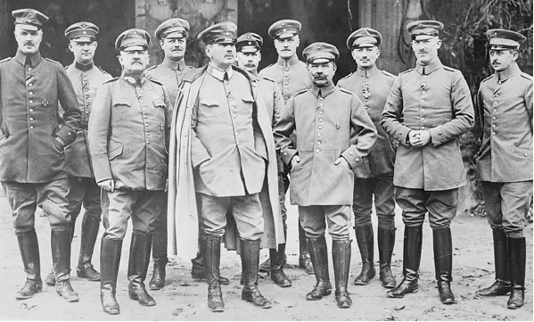 General Alexander von Kluck (5th from left) and staff of the First German Army, Fall 1914 ..........................<br /> Six Weeks in 1914. Campaign Execution and the Fog of War-Historical Lessons for the Military Professional. John J. McGrath. MILITARY REVIEW November-December 2015.