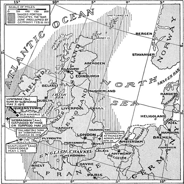 War Zone proclaimed by Germany February 1915 ..................<br /> http://ww1blog.osborneink.com/wp-content/uploads/2015/02/germanblockade.png