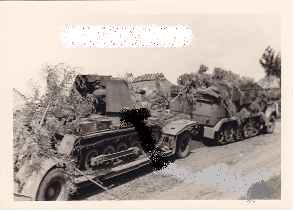 A half-track towing a Sd.Anh.115 with a Panzerjäger I; both vehicles are camouflaged with branches ...................................<br />HB29-Sd-Kfz-Halbkette-Tieflader-mit-Panzerjager-I-verladen-Front-Schlamm-TOP. eBay Auction.
