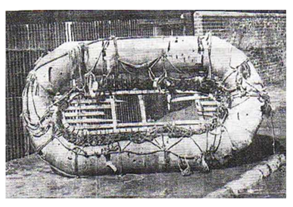 Life float of HMAS Sydney battered after 18 months at sea and with shrapnel damage .......................