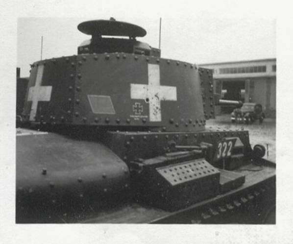 Pz Kw 38 (t) No. 322 with the impact of a projectile right on the white cross in the turret ............................