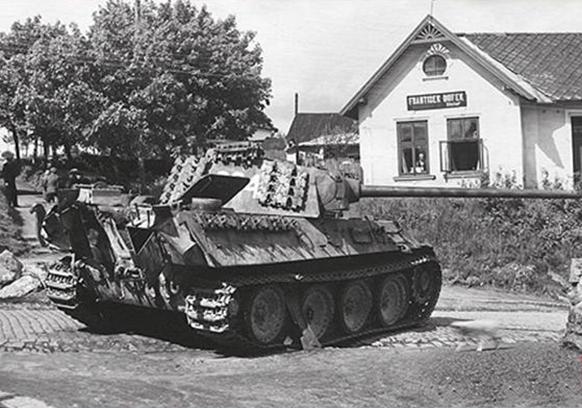 View of a Pz Kw V &quot;Panther&quot; Ausf. G ?? out of service in a Czechoslovakian town ..............................