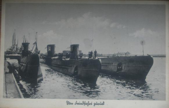 U boats Type VIIA (U-Flotille Saltzwedel) U 34, U 35 and U 36 moored at harbor with the original conning tower..................