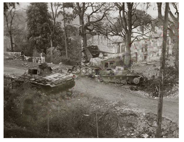 Scene at Chémery; stood there a Pz Kw III, a Pz Kw I and one 88 Bunkerknacker ...................................