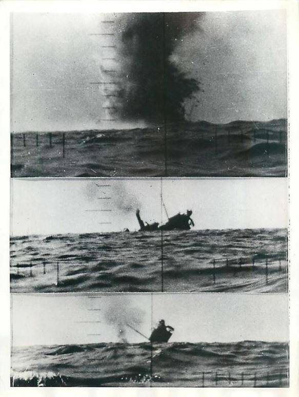 Impressive sequence of a Japanese merchant going down after being torpedoed by an American submersible ...................................................